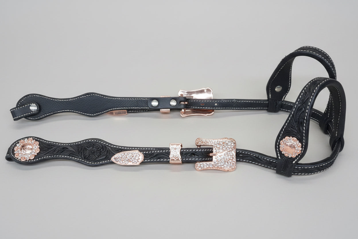 Bride western double oreille en cuir Rose Gold avec strass Peach