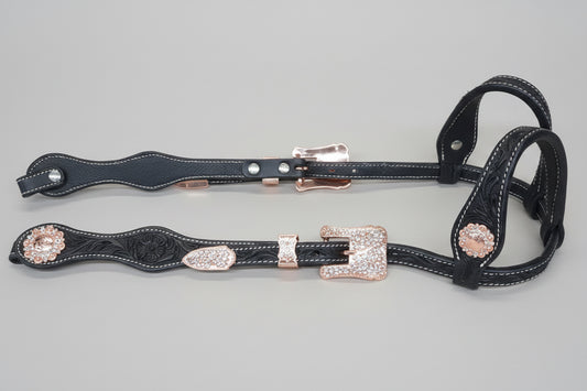 Bride western double oreille en cuir Rose Gold avec strass Peach