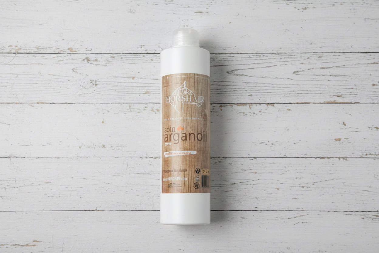 Soin Horshair à l'huile d'argan pour chevaux et poneys, revitalisant, hydratant et brillant, flacon 250 ml
