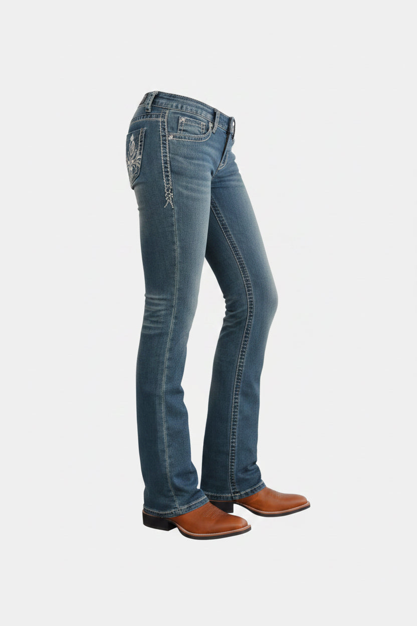 Rose Royce Jeans Celine jean western femme bootcut denim foncé avec broderies florales et strass
