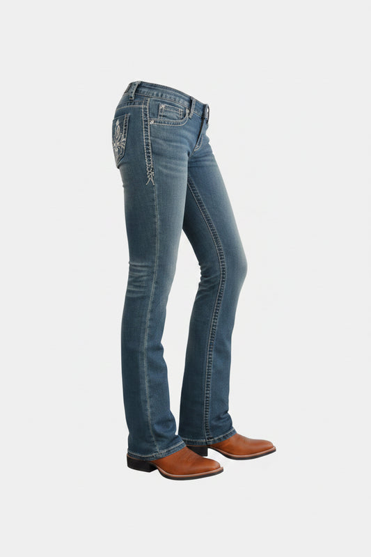 Rose Royce Jeans Celine jean western femme bootcut denim foncé avec broderies florales et strass
