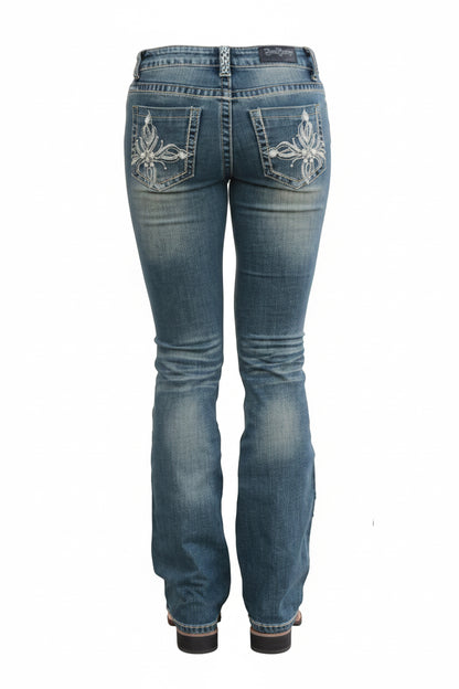 Rose Royce Jeans Celine jean western femme bootcut denim foncé avec broderies florales et strass de dos
