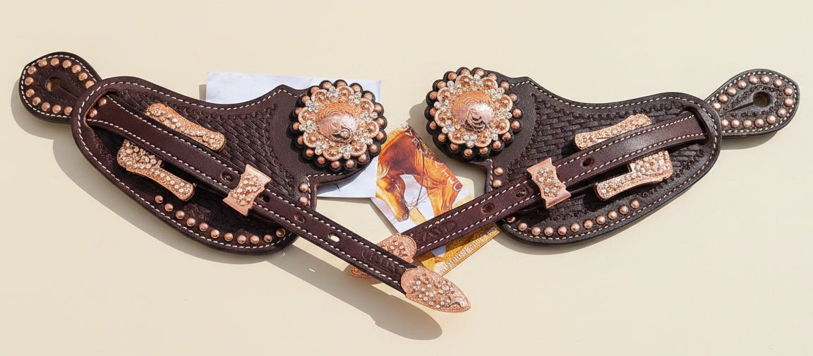 Lanières d’éperons femme en cuir avec boucles rose gold pour bottes western
