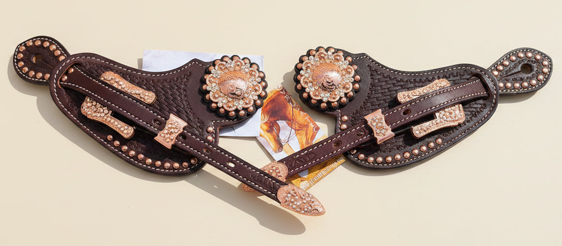 Lanières d’éperons femme en cuir avec boucles rose gold pour bottes western
