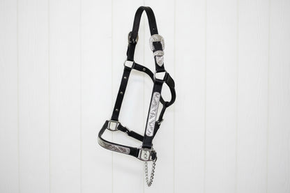 Licol de show en cuir US avec plaques argent gravées et chaîne de show, élégant et durable pour cheval