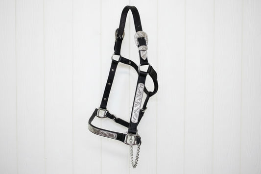 Licol de show en cuir US avec plaques argent gravées et chaîne de show, élégant et durable pour cheval
