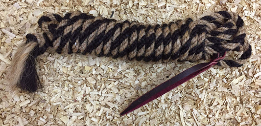 Mecate en crin de cheval avec popper en cuir – 6,7 m – Couleur beige/noir mélangé