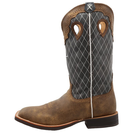 Bottes western homme Twisted X Ruff Stock Square Toe en cuir gris-bleu et pied marron, semelle Super Slab, idéales pour équitation western, ranch et loisirs