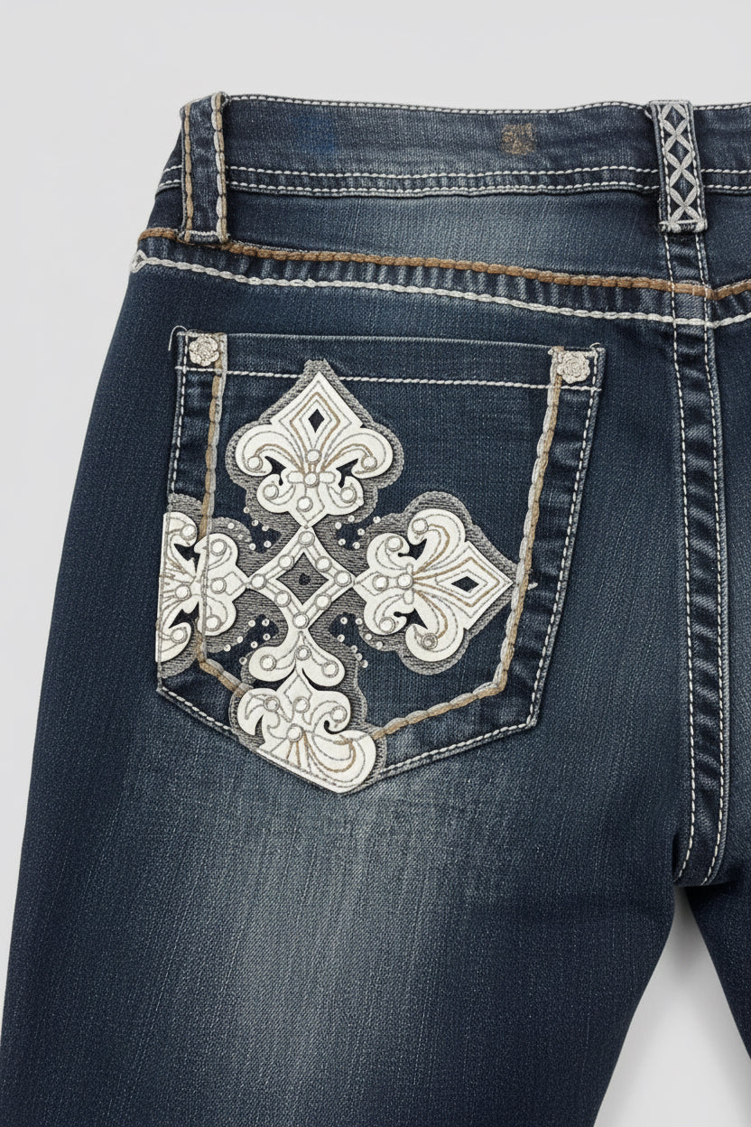 Rose Royce Jeans Angela jean western femme bootcut bleu délavé avec strass et surpiqûres décoratives