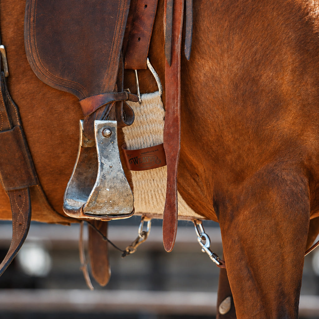 Sangle western Weaver Equine Roper Smart Cinch 27 brins en mélange de mohair avec boucle inox Roll Snug, sur cheval