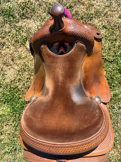 Selle western Tom Winter 16 pouces en cuir Light Oil pour cheval, siege en cuir retourné
