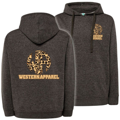Sweat à capuche Western Apparel heather grey avec logo poitrine sur le cœur et grand logo Western Apparel léopard dans le dos