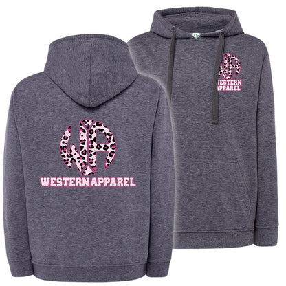 Sweat à capuche Western Apparel heather navy avec logo poitrine sur le cœur et grand logo Western Apparel léopard rose dans le dos