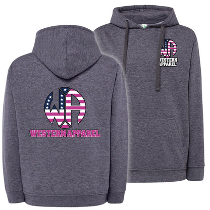 Sweat à capuche Western Apparel heather navy avec logo poitrine sur le cœur et grand logo Western Apparel USA rose dans le dos