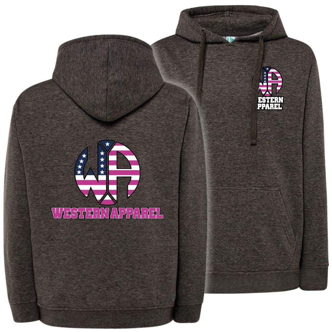 Sweat à capuche Western Apparel heather grey avec logo poitrine sur le cœur et grand logo Western Apparel USA rose dans le dos