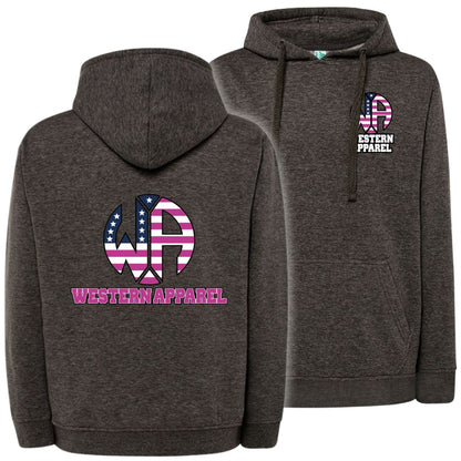 Sweat à capuche Western Apparel heather grey avec logo poitrine sur le cœur et grand logo Western Apparel USA rose dans le dos