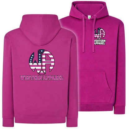 Sweat à capuche Western Apparel fuchsia avec logo poitrine sur le cœur et grand logo Western Apparel USA rose dans le dos