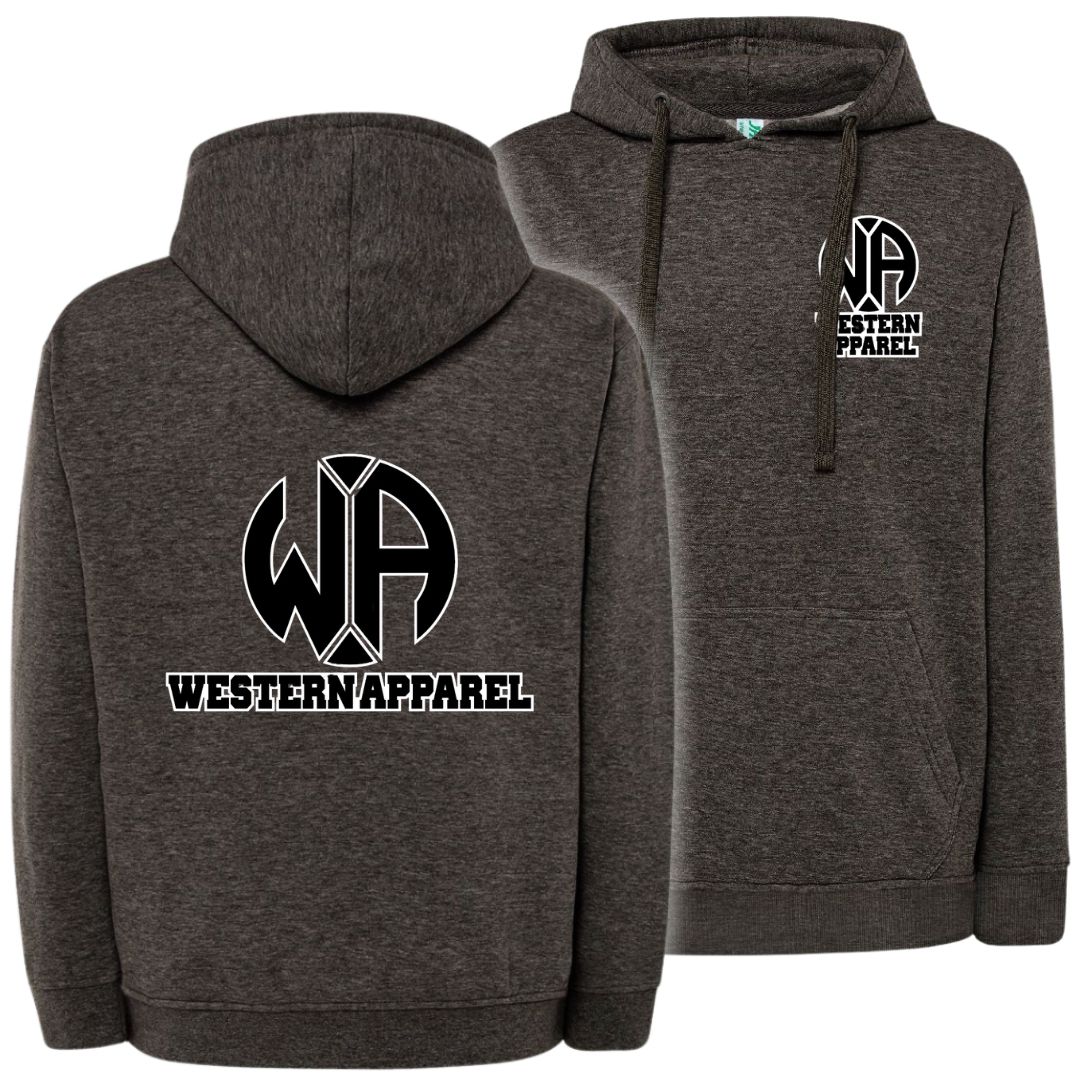Sweat à capuche Western Apparel heather grey avec logo poitrine sur le cœur et grand logo Western Apparel noir et blanc dans le dos