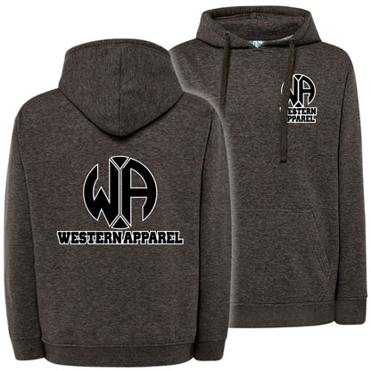 Sweat à capuche Western Apparel heather grey avec logo poitrine sur le cœur et grand logo Western Apparel noir et blanc dans le dos