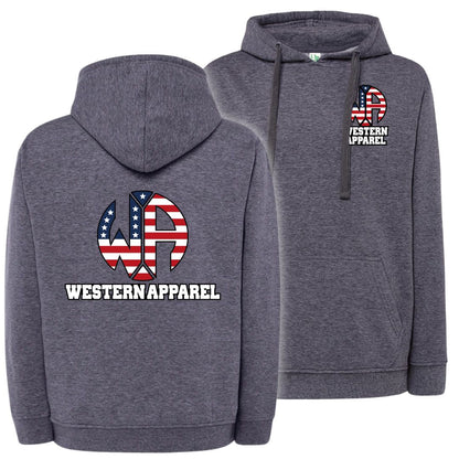 Sweat à capuche Western Apparel heather navy avec logo poitrine sur le cœur et grand logo Western Apparel USA dans le dos