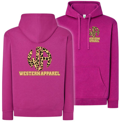 Sweat à capuche Western Apparel fuchsia avec logo poitrine sur le cœur et grand logo Western Apparel léopard dans le dos