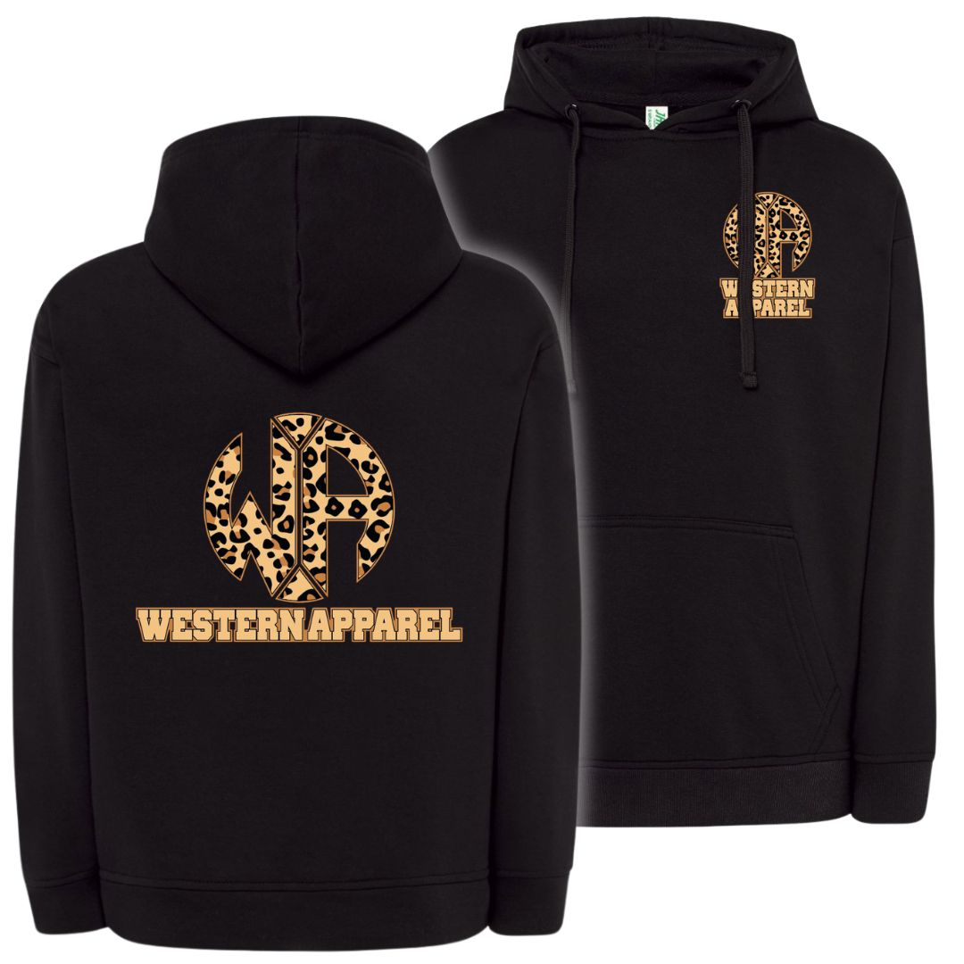 Sweat à capuche Western Apparel noir avec logo poitrine sur le cœur et grand logo Western Apparel leopard dans le dos
