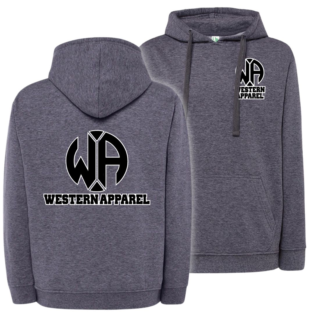 Sweat à capuche Western Apparel heather navy avec logo poitrine sur le cœur et grand logo Western Apparel noir blanc dans le dos