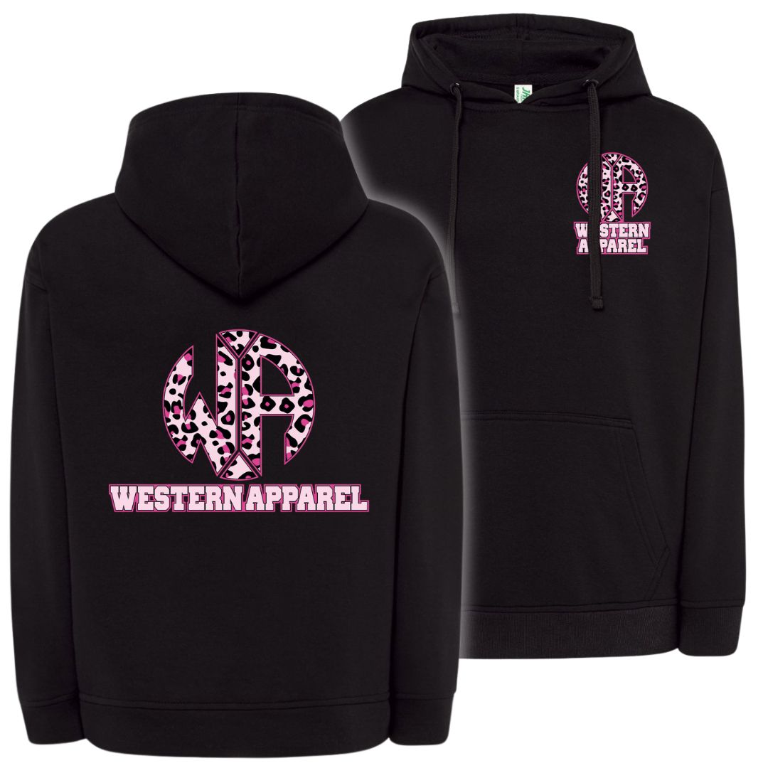 Sweat à capuche Western Apparel noir avec logo poitrine sur le cœur et grand logo Western Apparel leopard rose dans le dos
