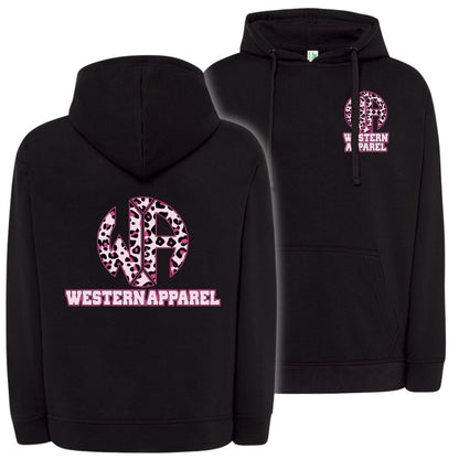 Sweat à capuche Western Apparel noir avec logo poitrine sur le cœur et grand logo Western Apparel leopard rose dans le dos