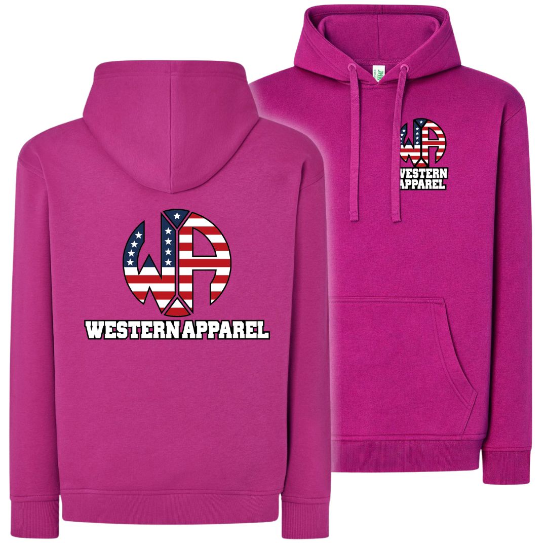 Sweat à capuche Western Apparel fuchsia avec logo poitrine sur le cœur et grand logo Western Apparel USA dans le dos