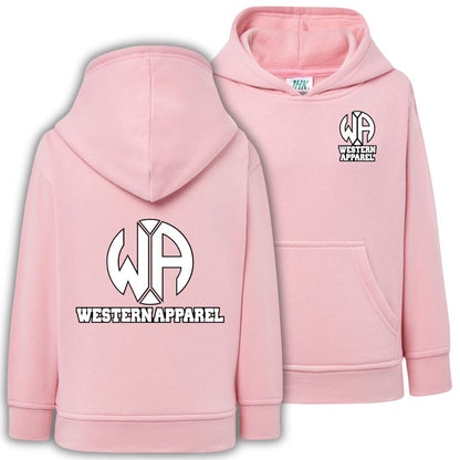 Sweat enfant rose à capuche Western Apparel, vue de face et de dos avec logo blanc sur le cœur et grand logo dans le dos.
