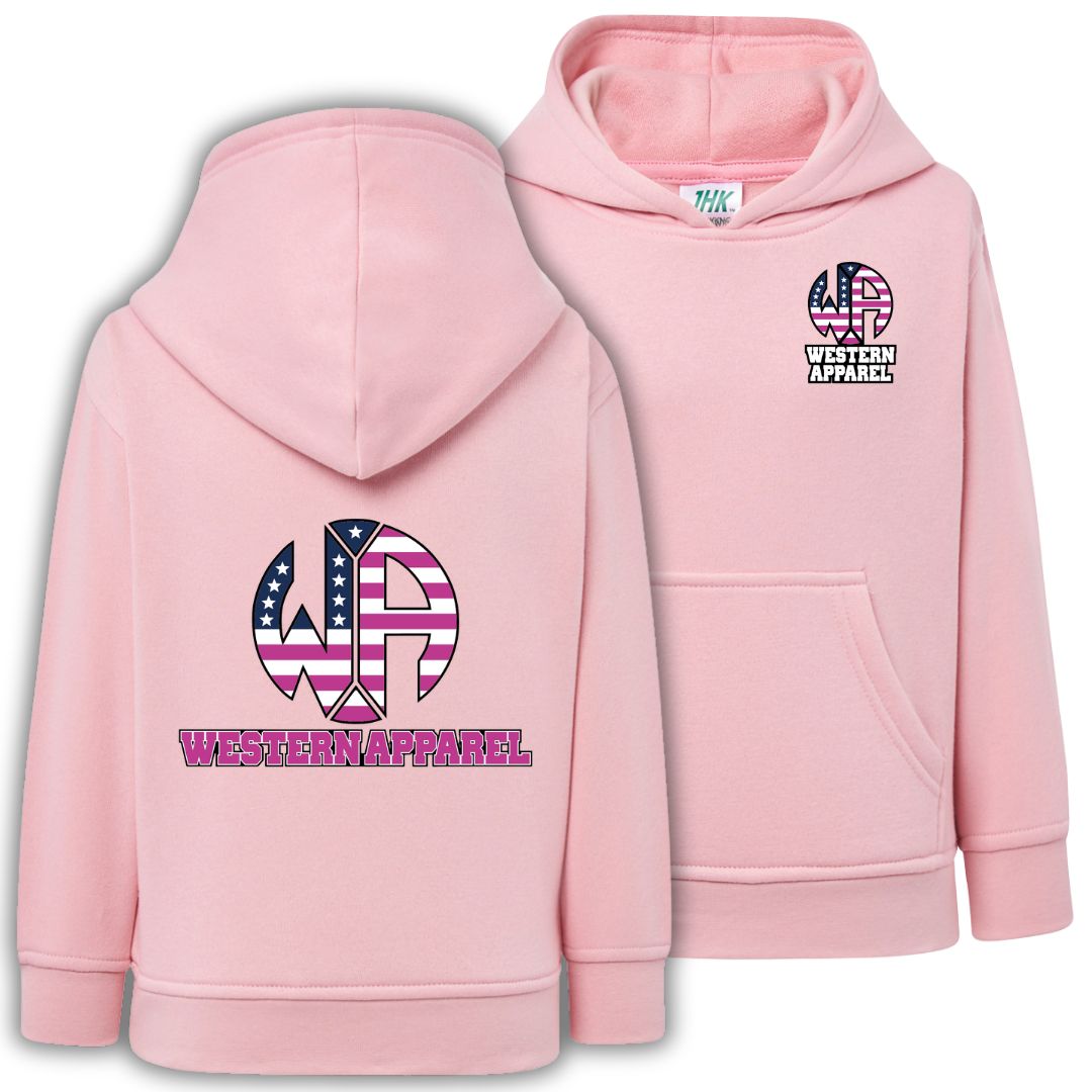 Sweat enfant rose à capuche Western Apparel, vue de face et de dos avec logo USA rose sur le cœur et dans le dos.