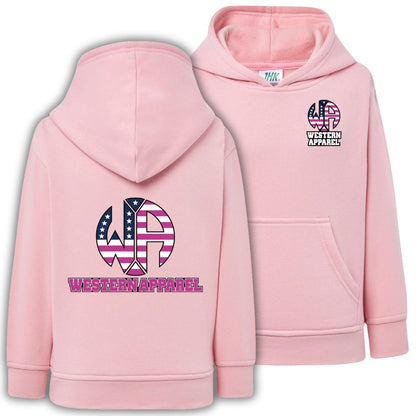 Sweat enfant rose à capuche Western Apparel, vue de face et de dos avec logo USA rose sur le cœur et dans le dos.