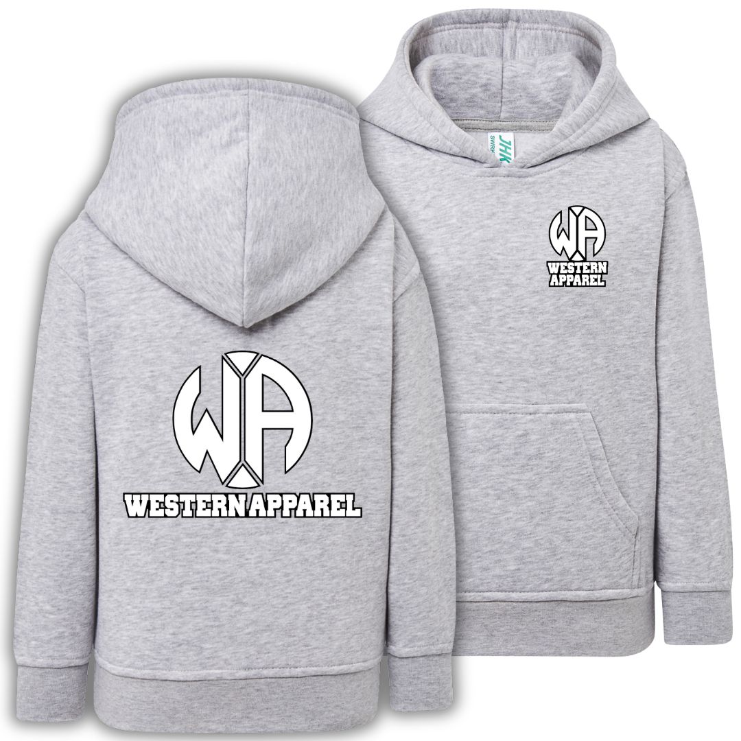 Sweat enfant gris chiné à capuche Western Apparel, vue de face et de dos avec logo blanc sur le cœur et grand logo dans le dos.