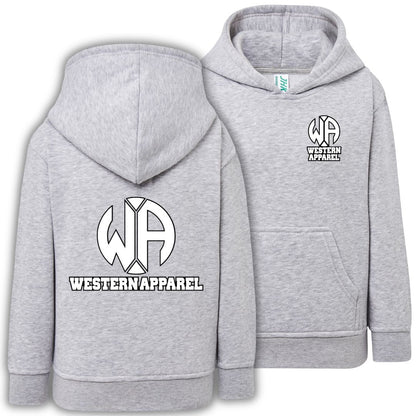 Sweat enfant gris chiné à capuche Western Apparel, vue de face et de dos avec logo blanc sur le cœur et grand logo dans le dos.