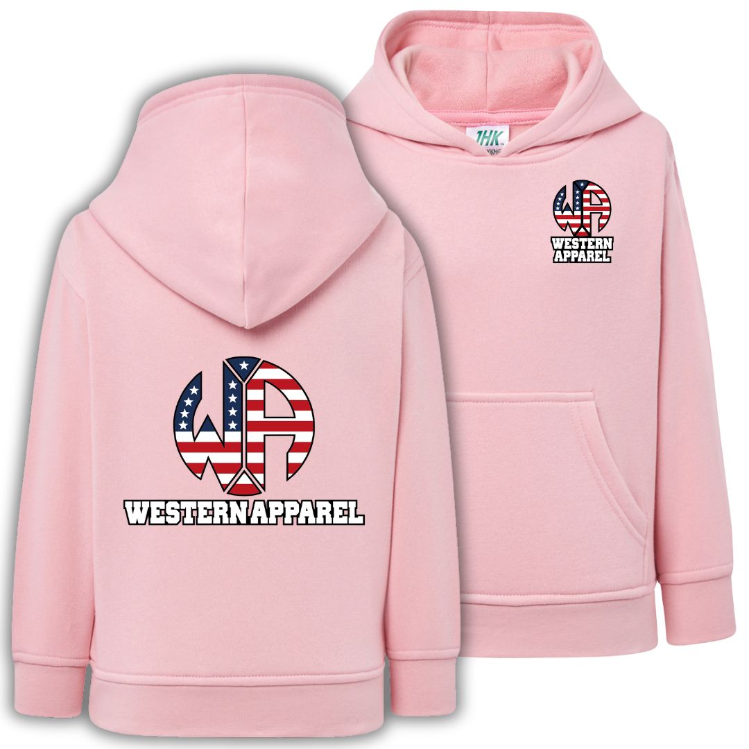Sweat enfant rose à capuche Western Apparel, vue de face et de dos avec logo motif USA sur le cœur et dans le dos.