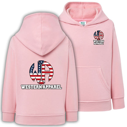 Sweat enfant rose à capuche Western Apparel, vue de face et de dos avec logo motif USA sur le cœur et dans le dos.
