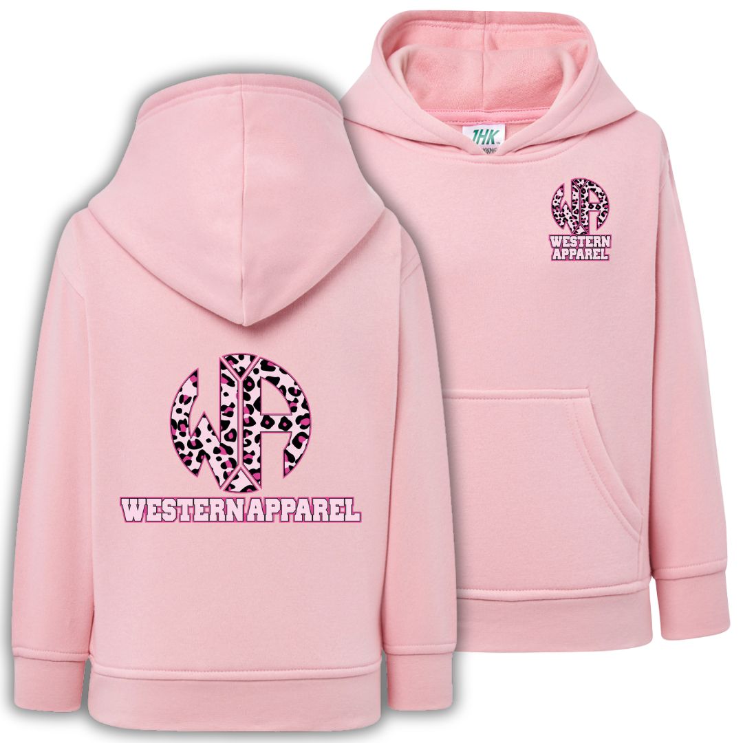 Sweat enfant rose à capuche Western Apparel, vue de face et de dos avec logo motif léopard rose sur le cœur et dans le dos.
