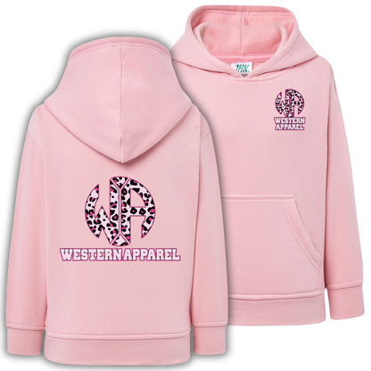 Sweat enfant rose à capuche Western Apparel, vue de face et de dos avec logo motif léopard rose sur le cœur et dans le dos.