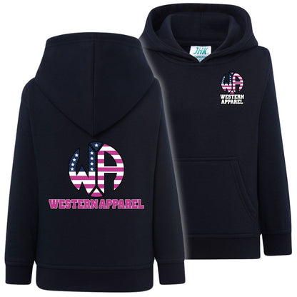Sweat enfant bleu navy à capuche Western Apparel, vue de face et de dos avec logo USA rose sur le cœur et dans le dos.