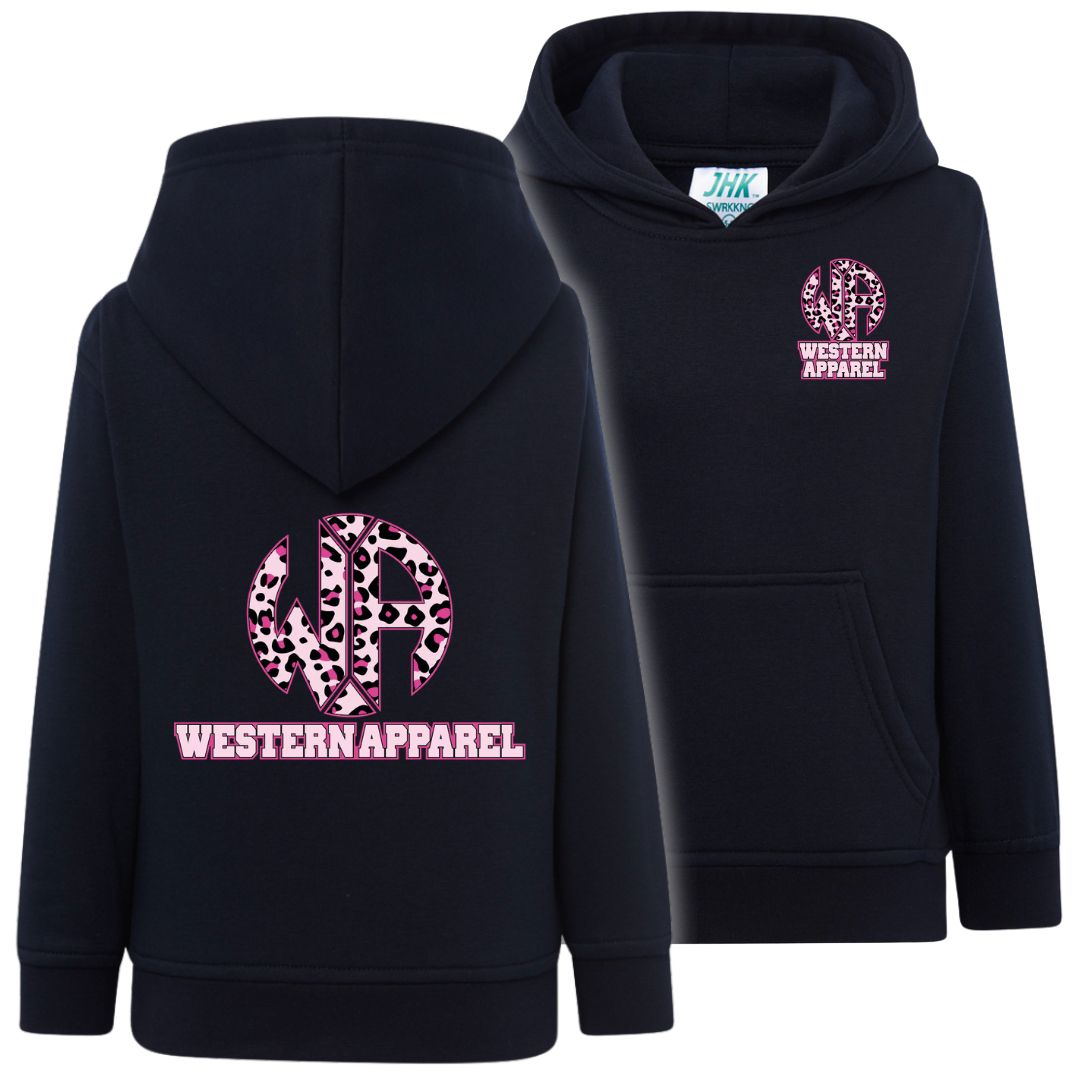 Sweat enfant bleu navy à capuche Western Apparel, vue de face et de dos avec logo léopard rose sur le cœur et dans le dos.