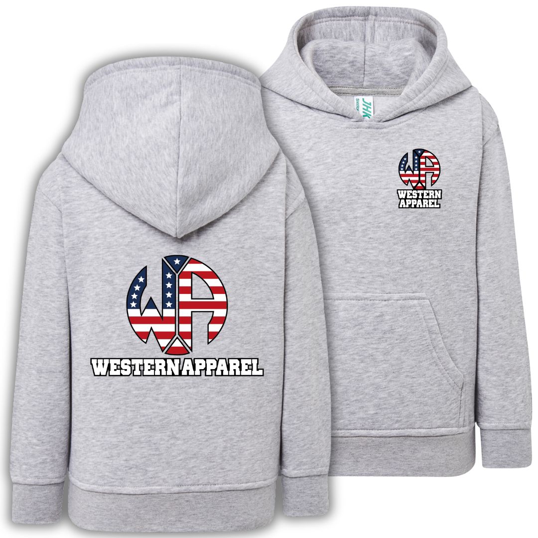 Sweat enfant gris chiné à capuche Western Apparel, vue de face et de dos avec logo USA sur le cœur et dans le dos.