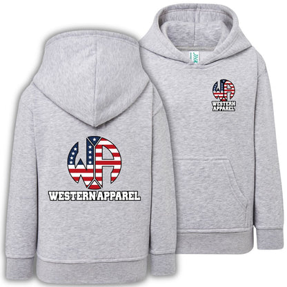 Sweat enfant gris chiné à capuche Western Apparel, vue de face et de dos avec logo USA sur le cœur et dans le dos.