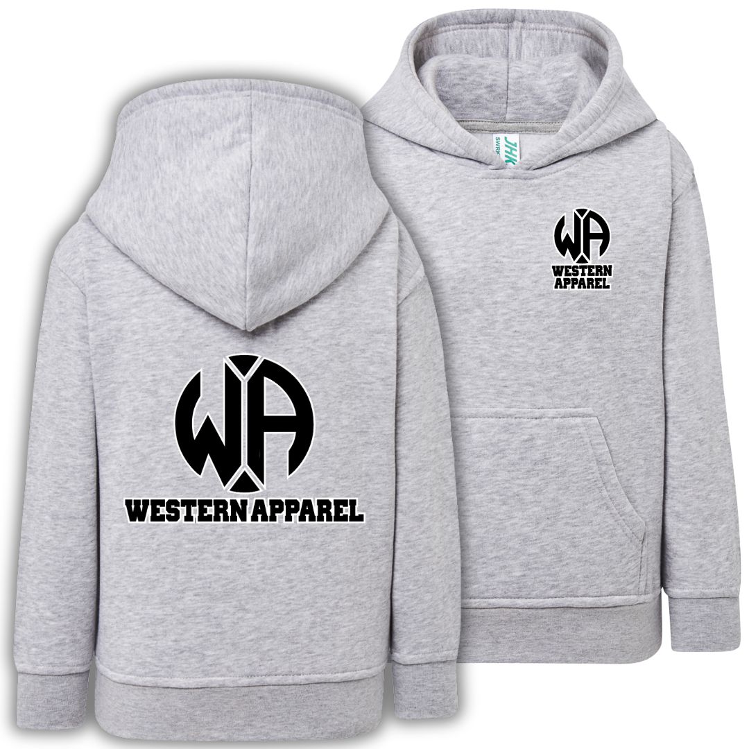 Sweat enfant gris chiné à capuche Western Apparel, vue de face et de dos avec logo noir et blanc sur le cœur et dans le dos.