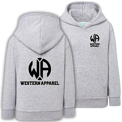 Sweat enfant gris chiné à capuche Western Apparel, vue de face et de dos avec logo noir et blanc sur le cœur et dans le dos.