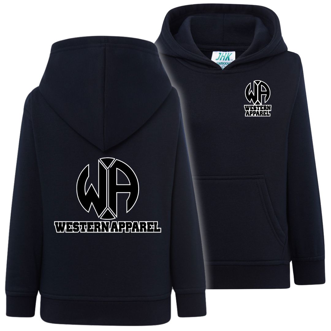 Sweat enfant bleu navy à capuche Western Apparel, vue de face et de dos avec logo noir et blanc sur le cœur et dans le dos.