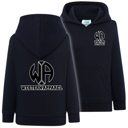 Sweat enfant bleu navy à capuche Western Apparel, vue de face et de dos avec logo noir et blanc sur le cœur et dans le dos.
