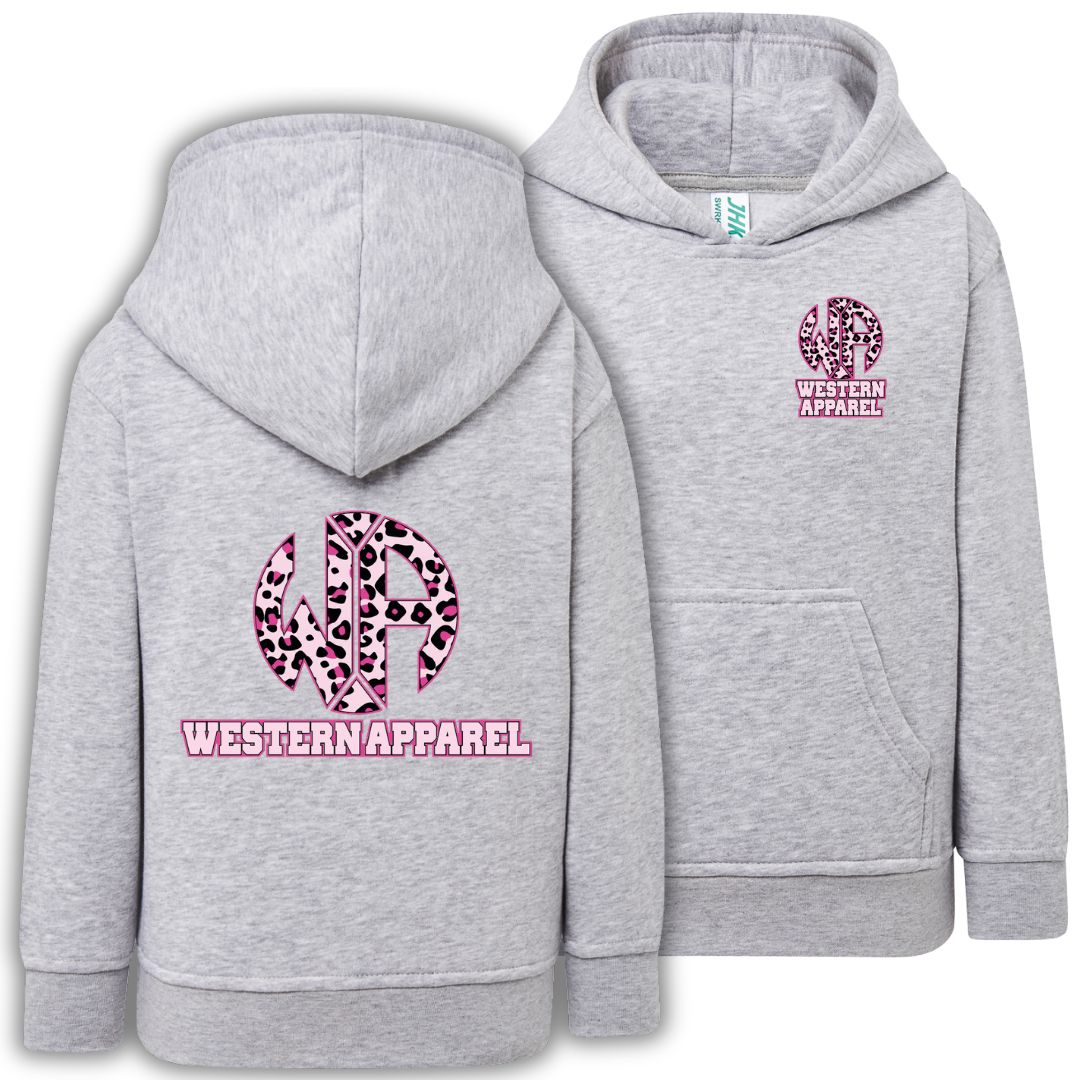 Sweat enfant gris chiné à capuche Western Apparel, vue de face et de dos avec logo léopard rose sur le cœur et dans le dos.