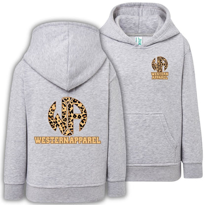 Sweat enfant gris chiné à capuche Western Apparel, vue de face et de dos avec logo léopard sur le cœur et dans le dos.