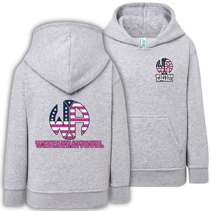 Sweat enfant gris chiné à capuche Western Apparel, vue de face et de dos avec logo USA rose sur le cœur et dans le dos.